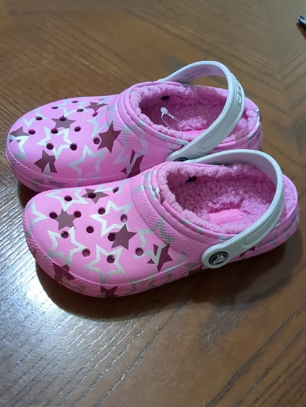CROCS Pink Star-Pattern Fleece Clogs with Silver Strap